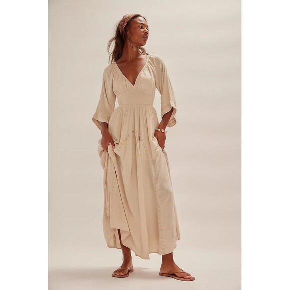 Free People Free-est Dixie Maxi Long Dress Smocked Embroidered Lace M New 283396 - Picture 1 of 8
